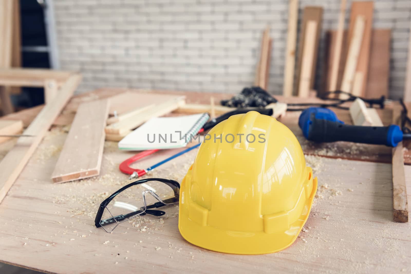 Carpenter Tool and Table Workspace in Shop House, Furniture Equipment Tools for Timber Craftsman. Carpentry Occupation and Skill Workmanship Concept by MahaHeang245789