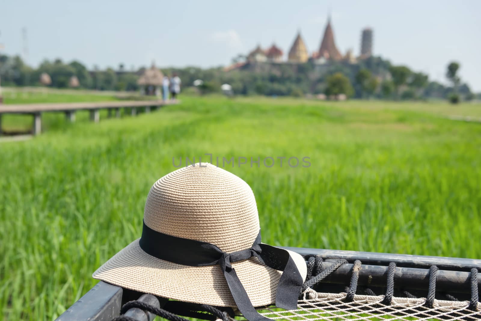 Woman Straw Hat With Landscape Scenery View at Coffee Shop. Relaxation Travel Place and Leisure Activity Concept