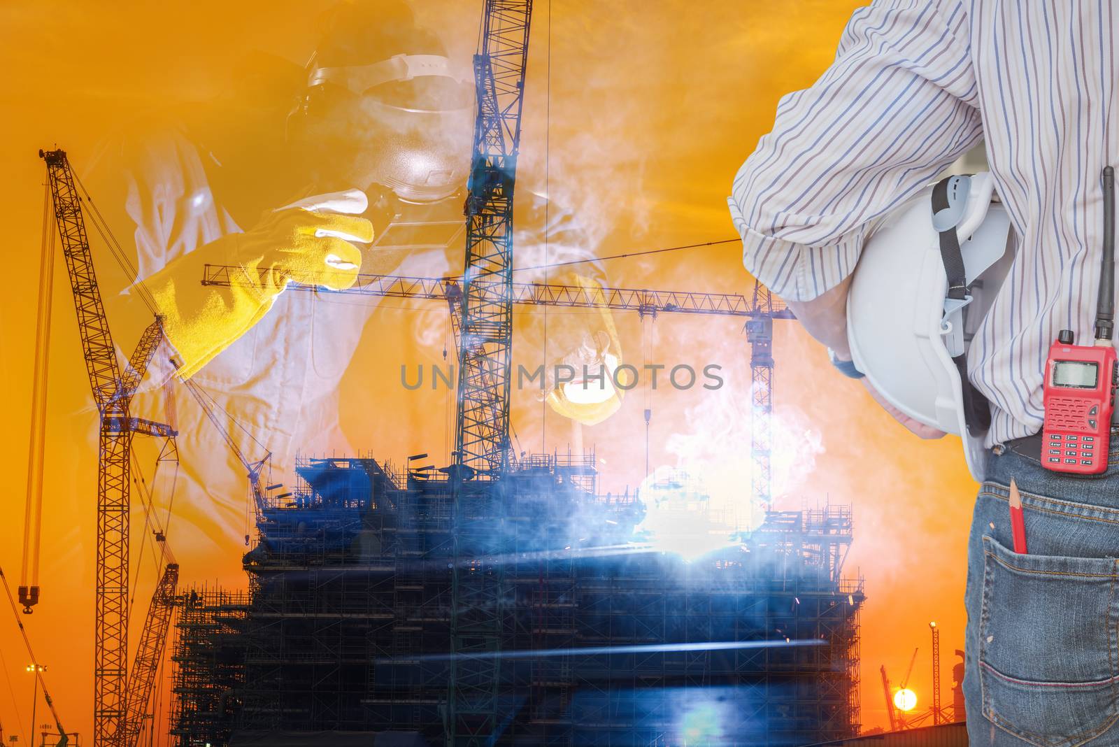 Double Exposure of Welder is Welding Pipeline Fabrication Assembly on Oil and Gas Refinery Manufacturing Plant Background. Technician Welding in Safety Protective Equipment is Working Metalwork. by MahaHeang245789