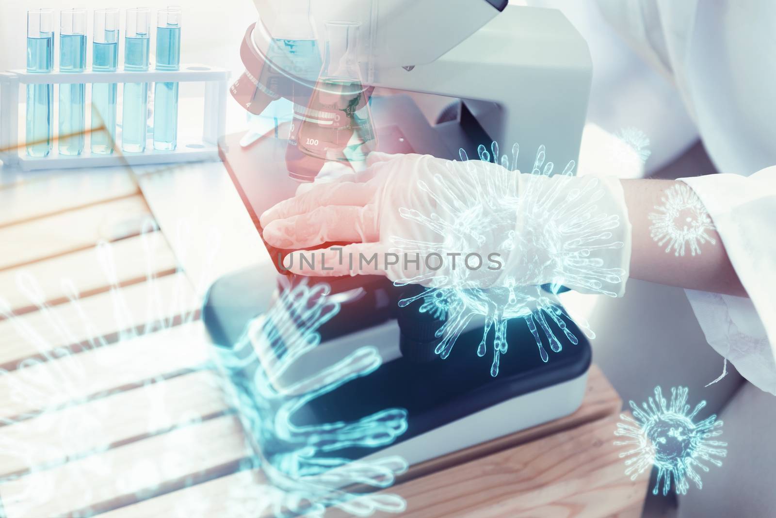 Medical Technologist or Chemical Scientist Working in Laboratory Room, Female Researcher Medicine Microbiology Using Microscope for Experiment Testing and Analysis Coronavirus Disease. Science Lab by MahaHeang245789