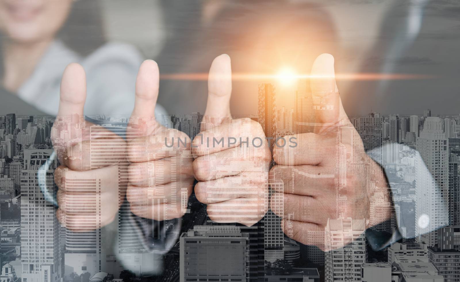 Business People Giving Thumbs Up Trust Support Together, Double Exposure of Business Confident Group Showing Thumb-Up for Trustworthy Work Execution Achievement With City Background. Job Satisfaction by MahaHeang245789