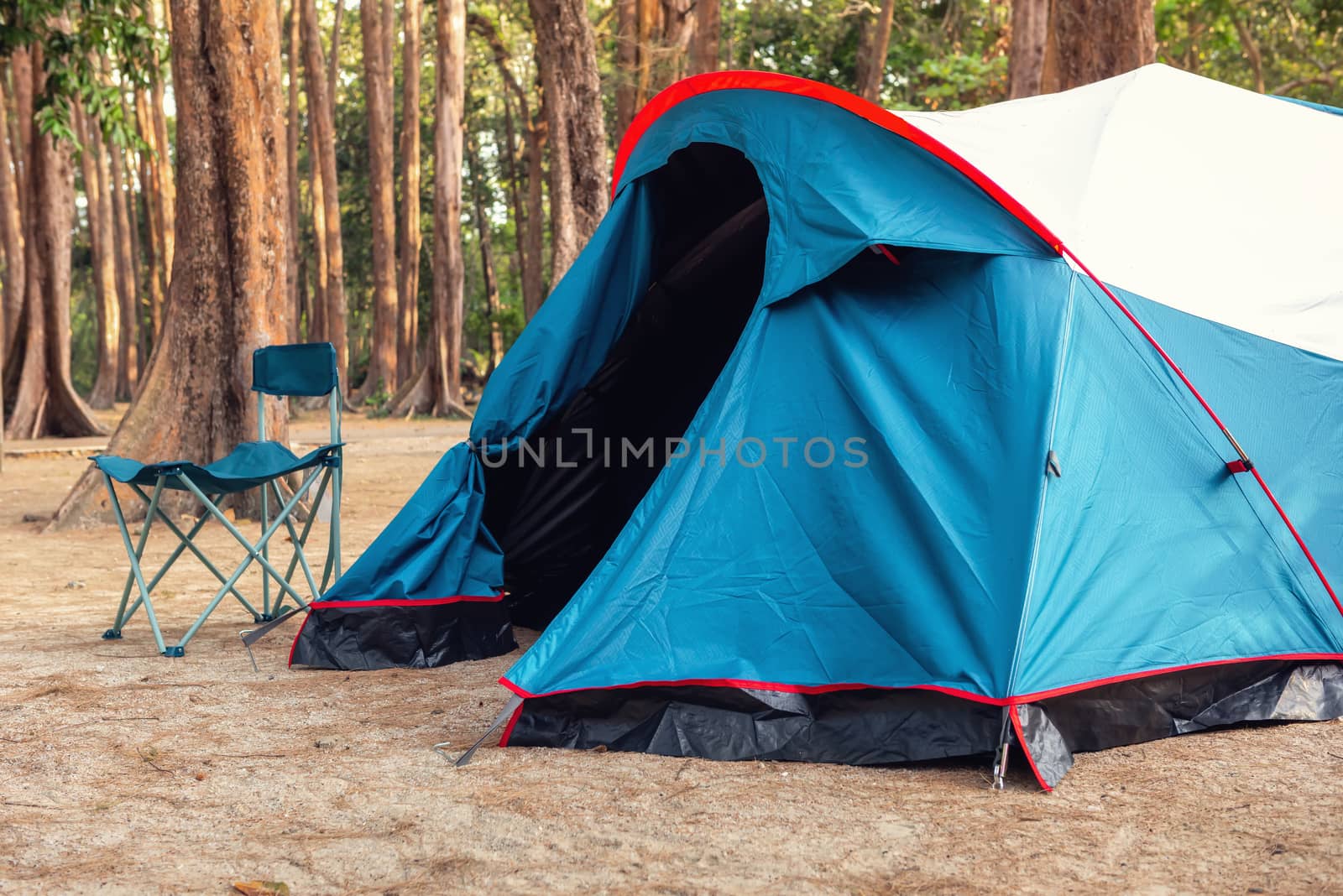 Campsite and Tent for Campfire in Holiday at National Park, Camping Site for Outdoors Leisure Activity Relaxation. Adventure and Vacation Lifestyles Concept by MahaHeang245789