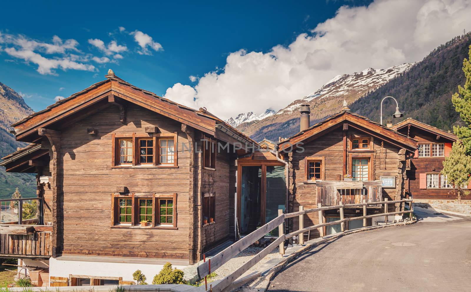 Landscape Scenery View Old Town Valley of Zermatt City, Switzerland. Cityscape Scenic of Traditional Architecture of Swiss Culture Against Mountain Alps. Travel Destination and Europe Vacation.