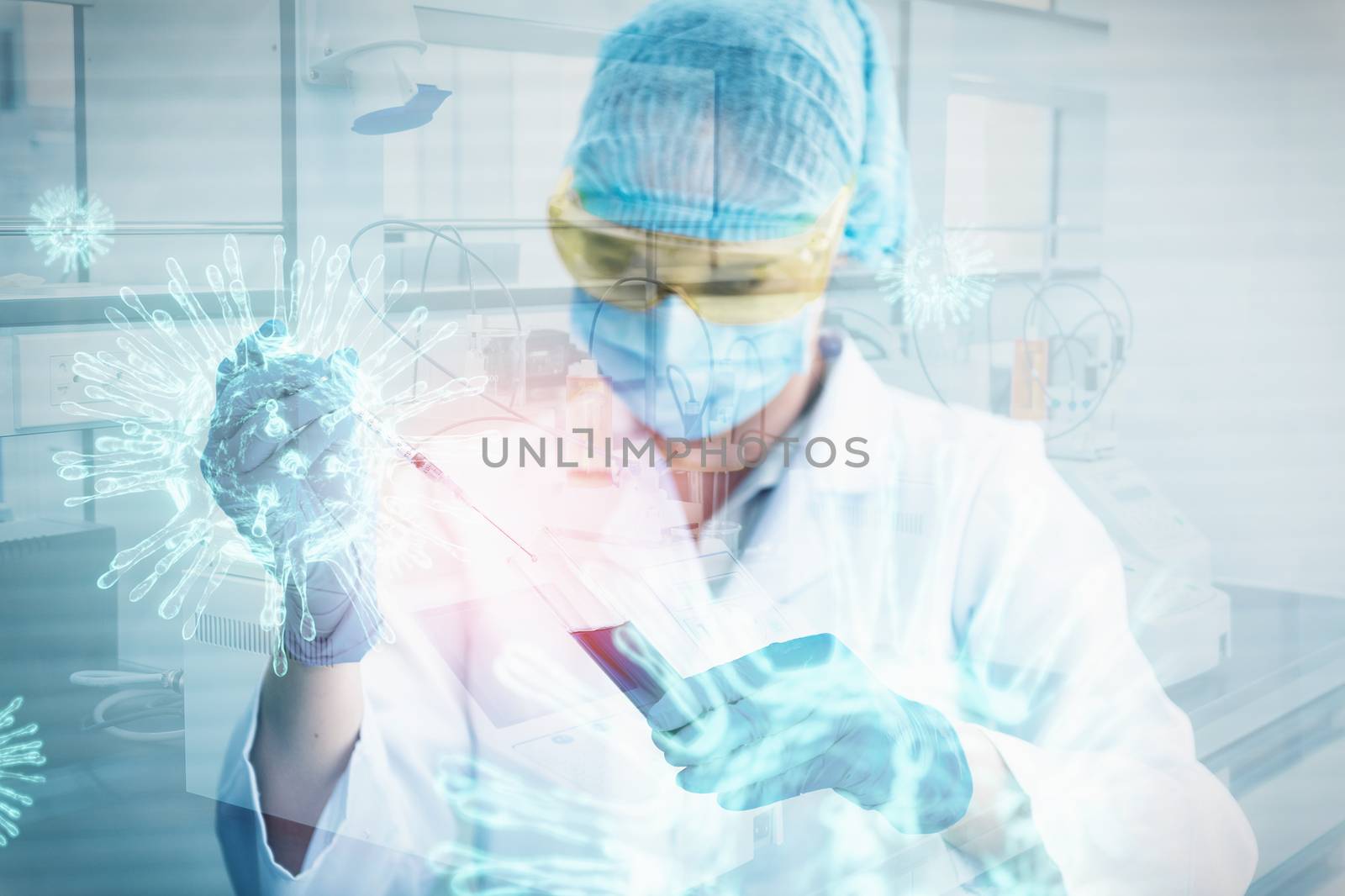 Scientist Chemistry Researcher Examination Chemical in Laboratory, Medical Science Technologist Studying Analysis and Experiment Coronavirus in Testing Lab. Double Exposure Health Care Concept