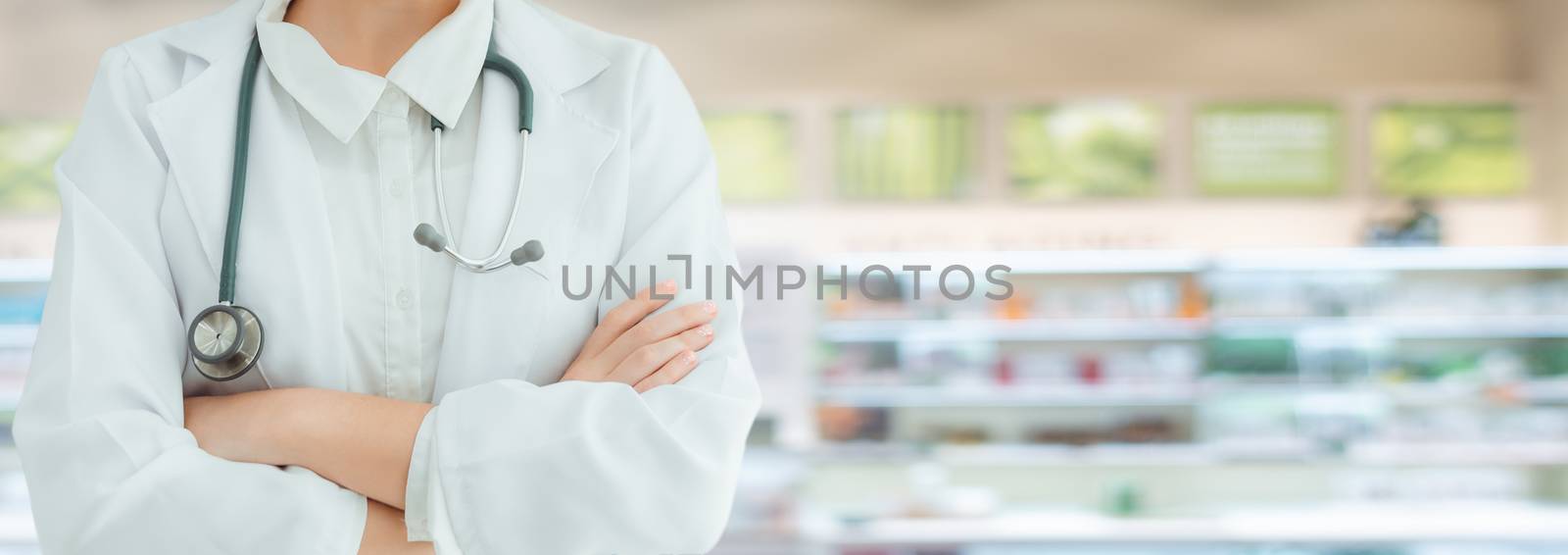 Medical Doctor or Pharmacist Healthcare in Pharmacy Shop, Physician Doctor Standing and Arm Crossed in front of Medicine Drugstore. Medic Health Care and Apothecary Pharmaceutical Occupation Concept.