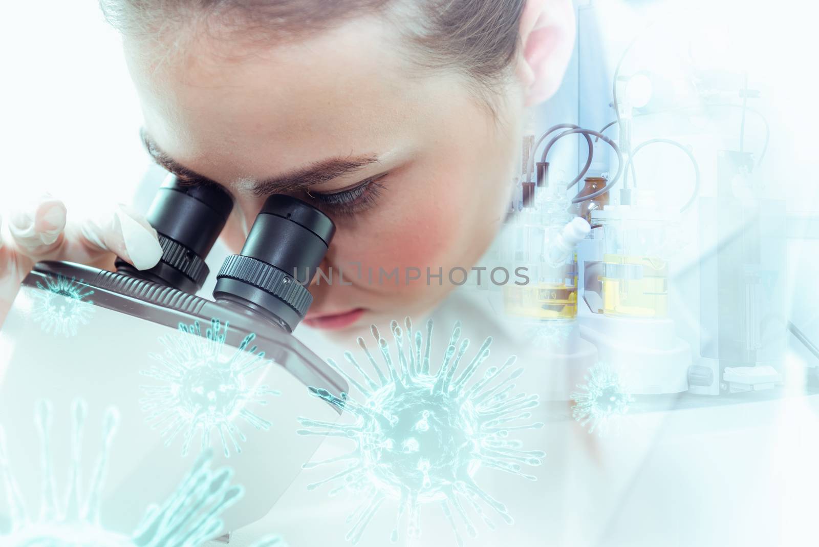 Medical Scientist Researcher Using Microscope in Laboratory,  Medicine Specialist Studying and Experiment Anti Virus Pharmaceutical With Microscopic. Lab Research and Technology Health Care Concept. by MahaHeang245789