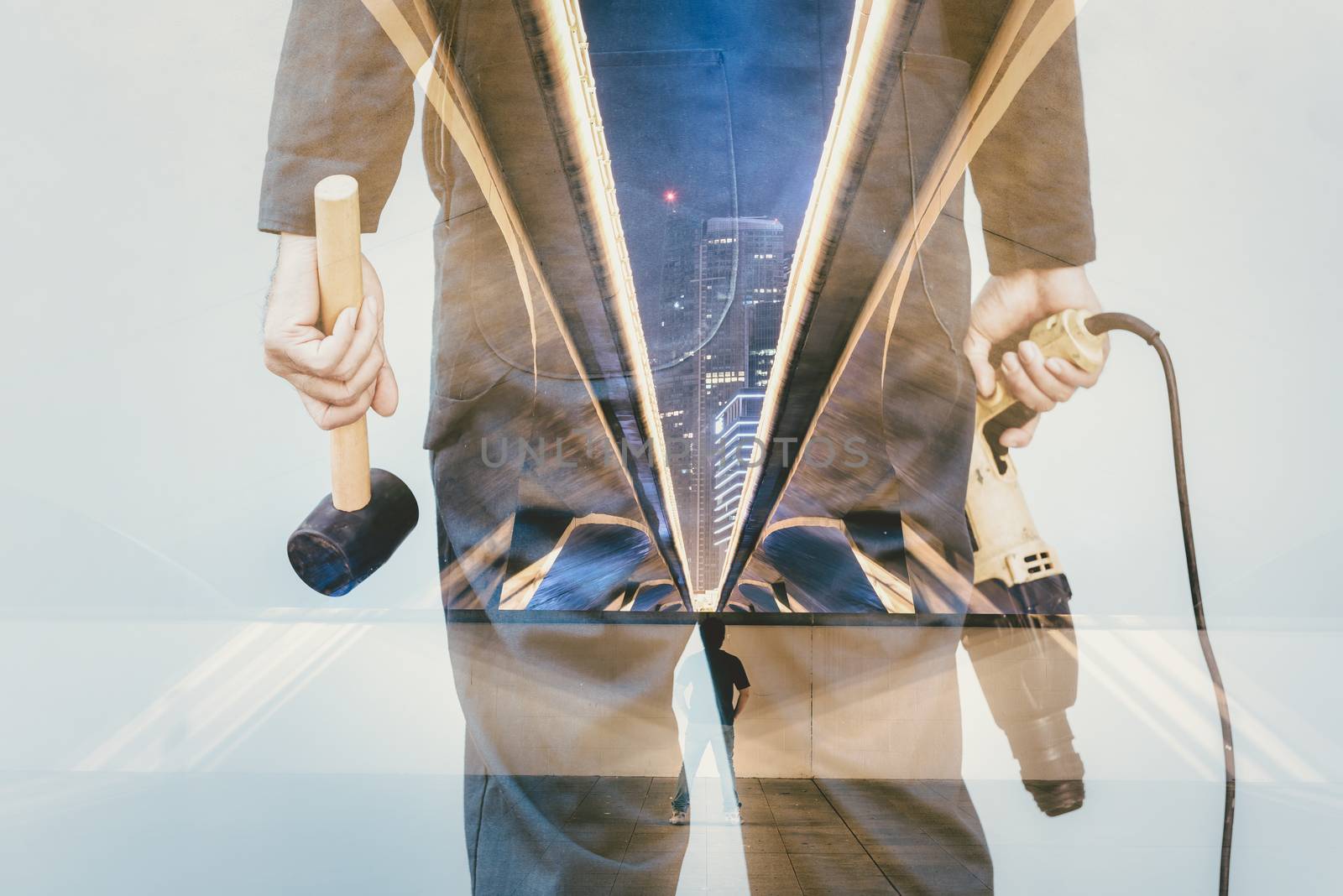 Double Exposure Images of Construction Worker Holding Constructing Equipment Tools and Infrastructure Bridge Road With Cityscape Background. Business Engineering Industry and Engineer Jobs Occupation