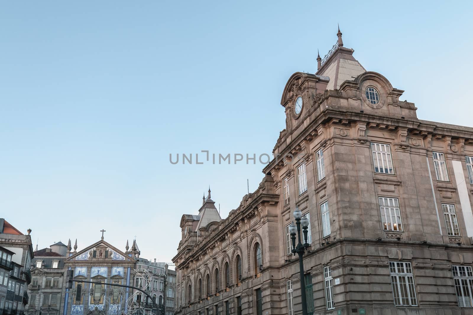 Porto, Portugal - November 30, 2018: Architecture detail of the exterior of the Porto train station on an autumn day