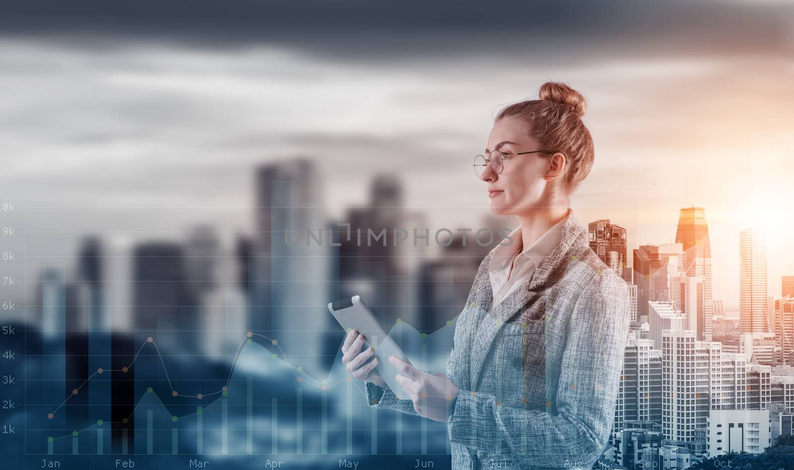 Double Exposure of Attractive Business Woman Woking on Tablet on Cityscape Background With Infographics Chart, Businesswoman Leader Management Standing on City Urban and Business Media Market Screen. by MahaHeang245789