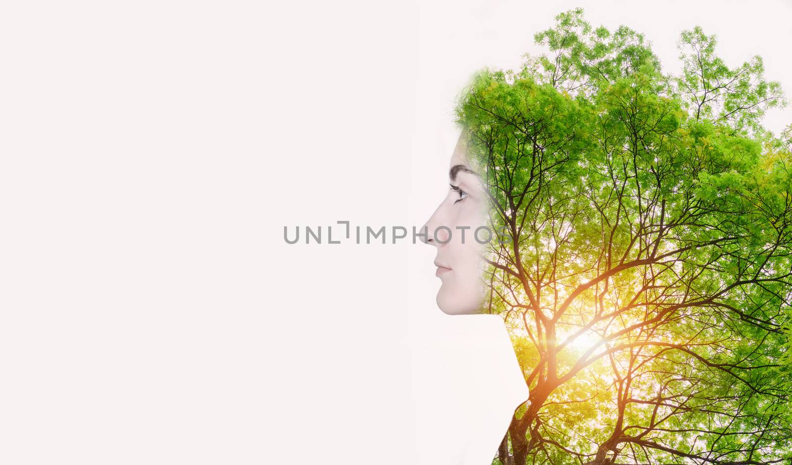 Double Exposure of Nature Tree and Woman Portrait, Natural Body Skin Care for Beauty Face Concept. Creative Idea Nature Ecology and Eco Care for The People, Abstract Beauty Conceptual