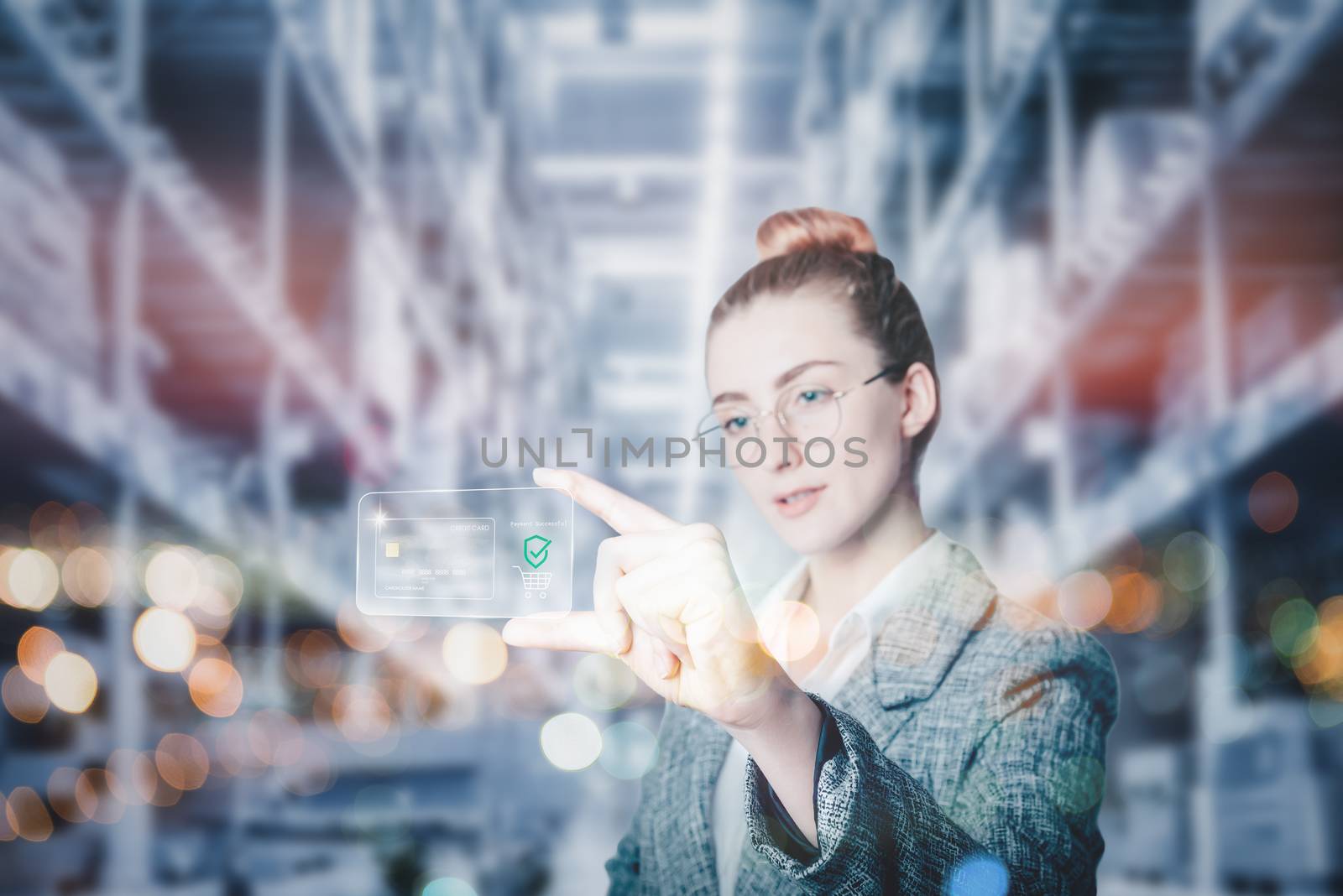 Futuristic Innovation Technology Intelligence Online Payment, Business Woman Using Virtual Interface Credit Card for E-commerce Online Shopping. Future Business Communication of Pay Banking Transfer