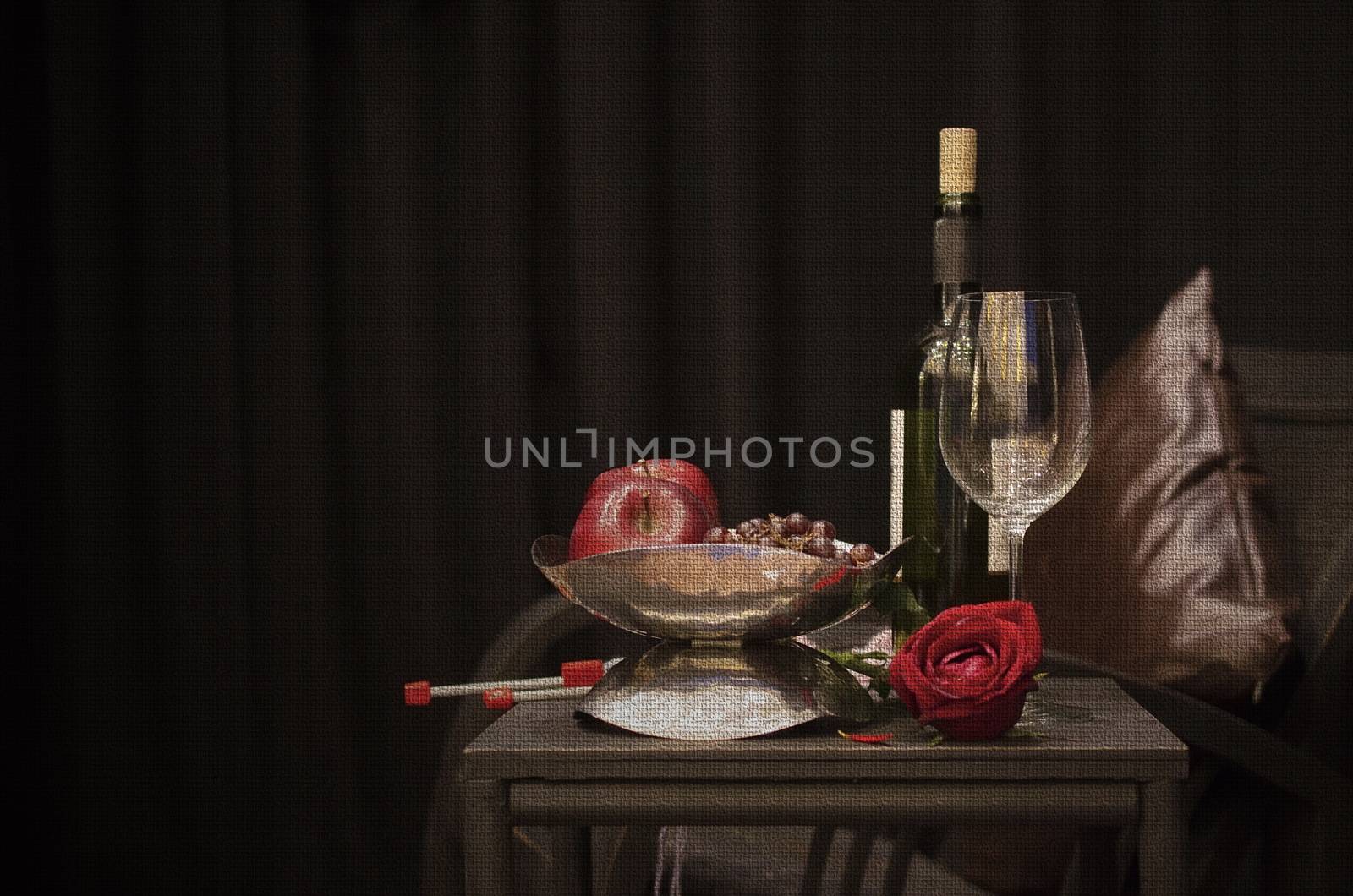 Still life image of wine, fruits and yarn on canvas background