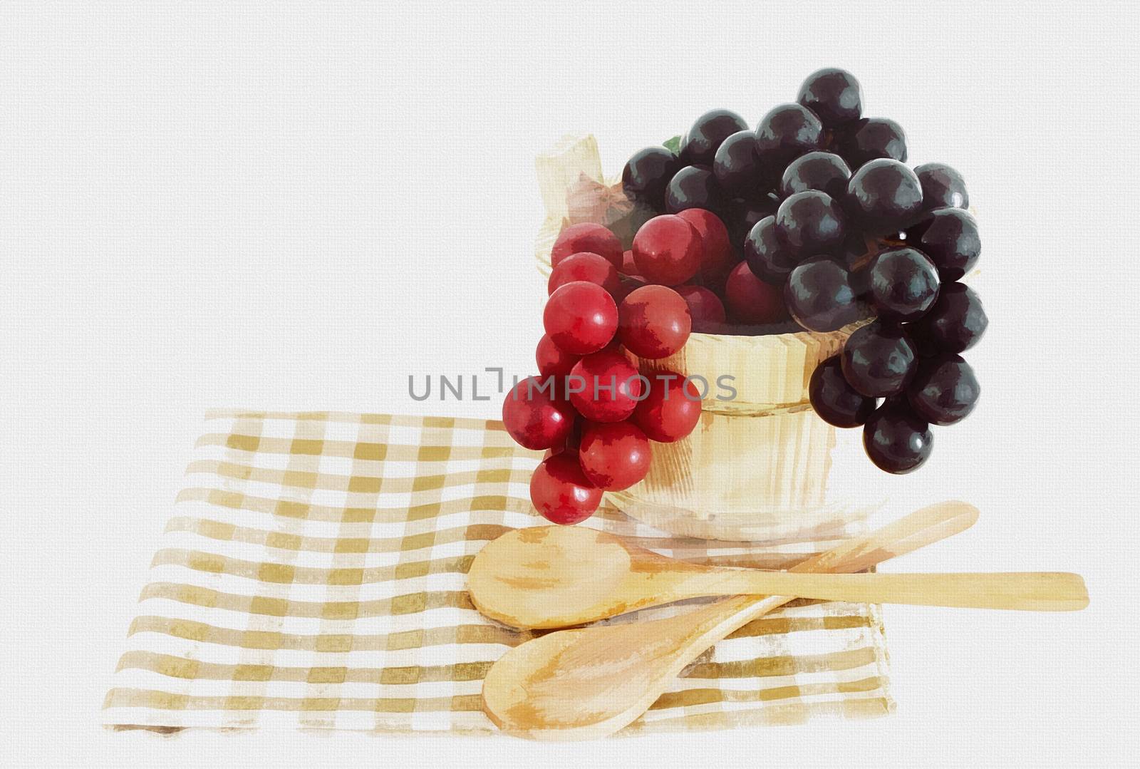 Wooden cooking utensils with bucket watercolor on paper background, art of watercolor filter