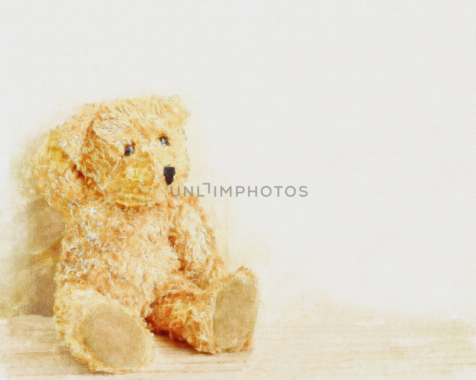 Teddy bear sitting on wooden background, watercolor on paper background, art of watercolor filter
