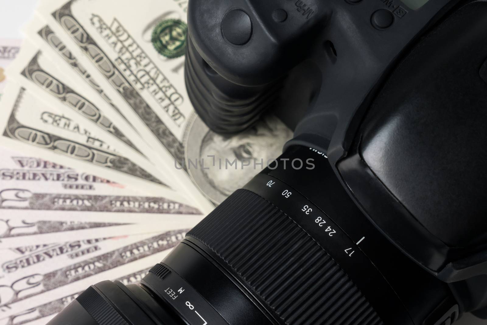 Close up of a black digital camera on banknotes.