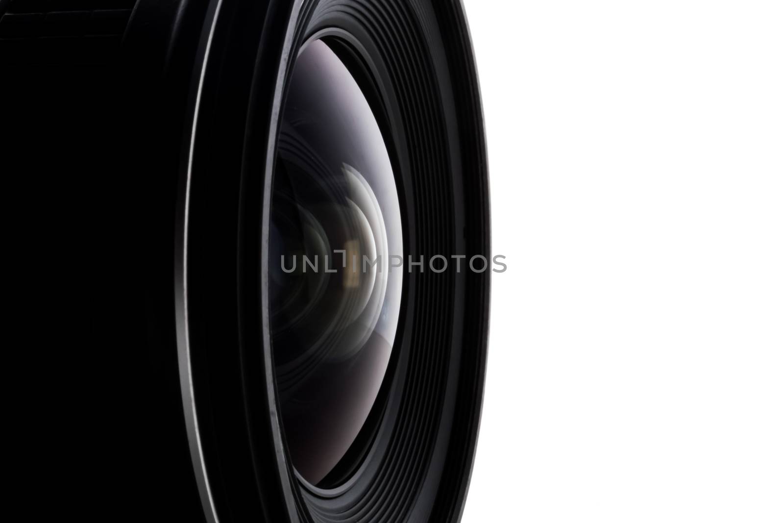 Close up of camera lens with a white background.