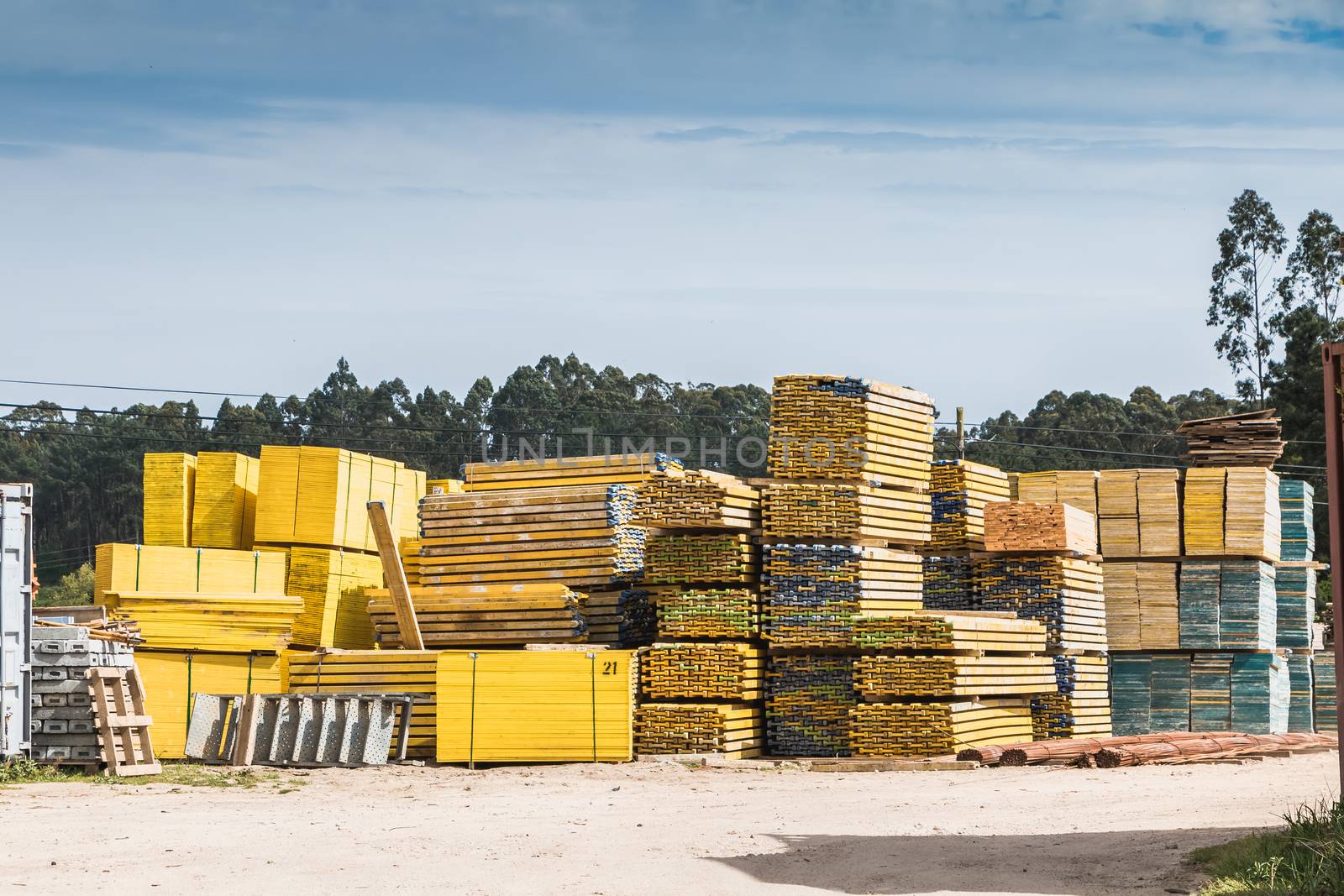 Vila Cha near Esposende, Portugal - May 9, 2018: Pallet wood storage in a company in the city center on a spring day