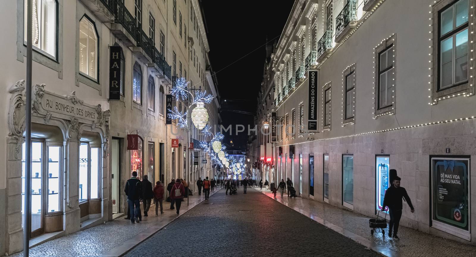 Street atmosphere in Lisbon at night decorated for Christmas by AtlanticEUROSTOXX