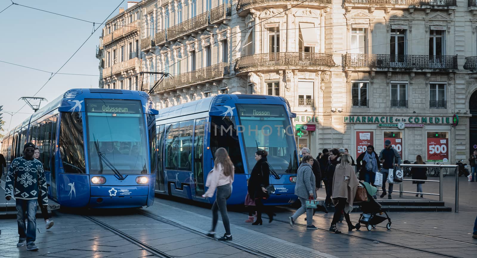 Electric tram stopped at Place de la Comedie in Montpellier by AtlanticEUROSTOXX