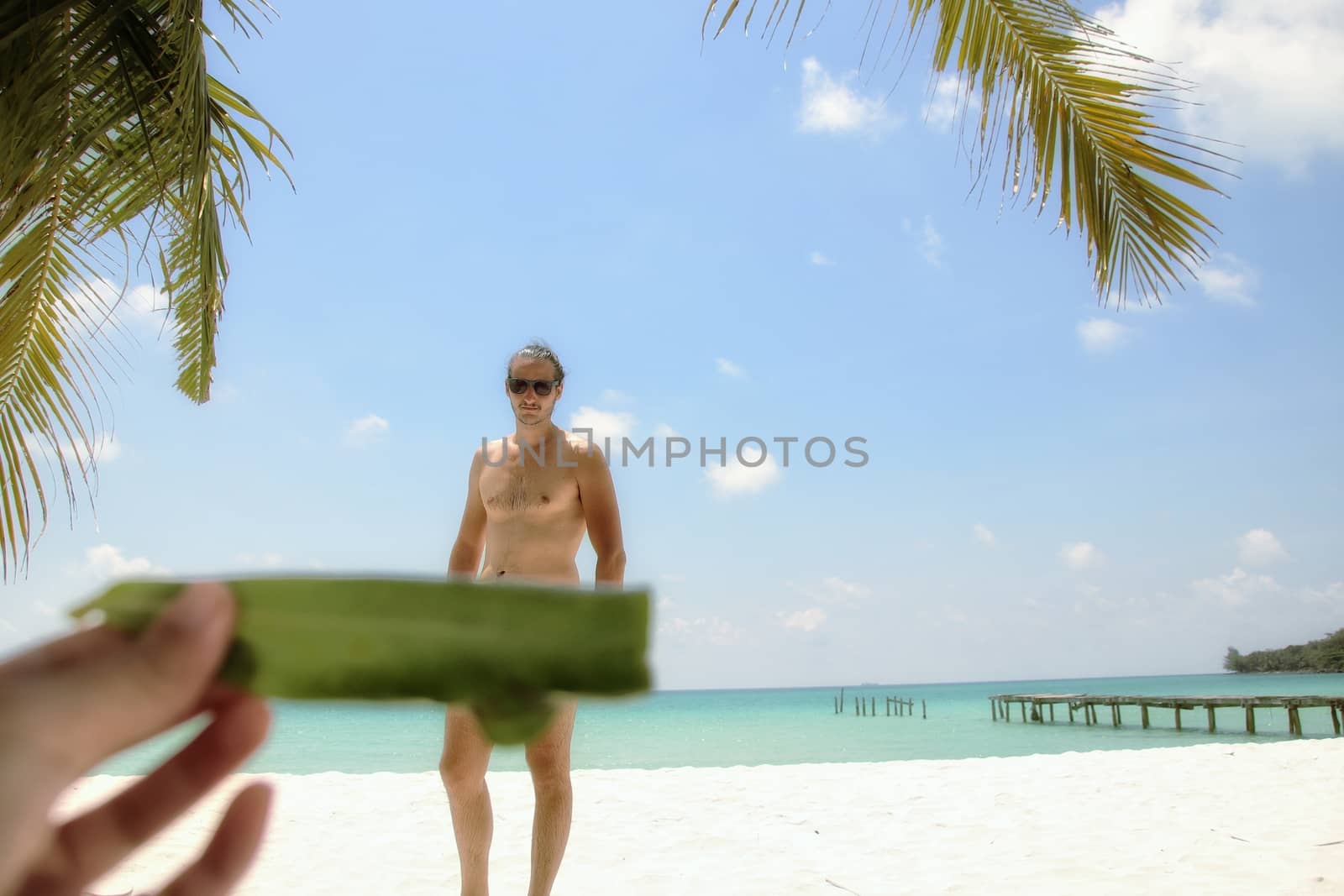 Humorous and fun summer photo vacation in Soksan Beach in Koh Kong Samloen Island in Cambodia