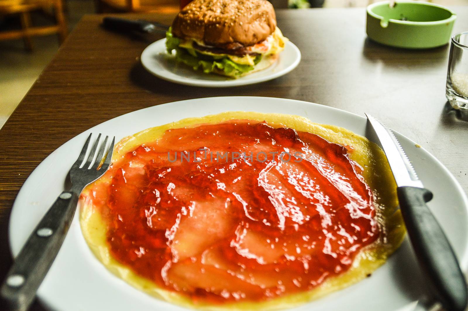 cheeseburger and pancake with jam for breakfast by Sonnet15