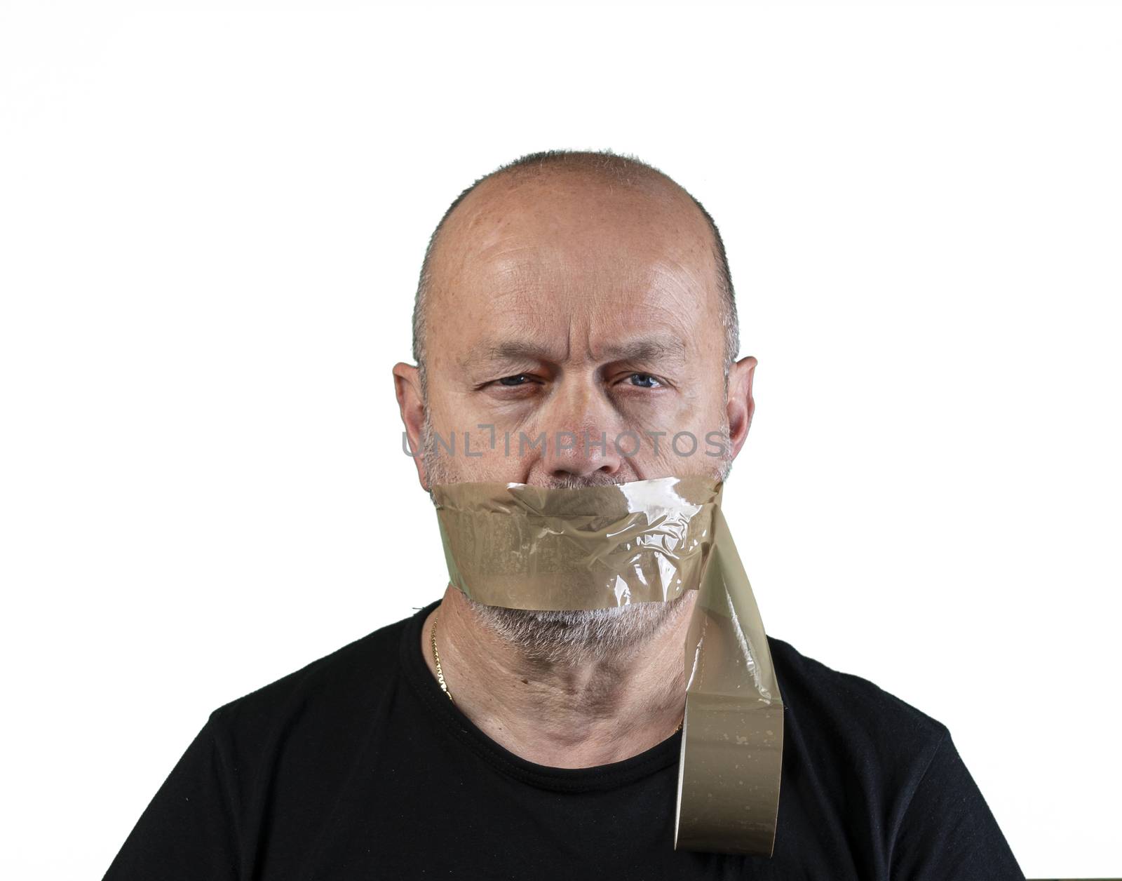 a man with his mouth covered with tape