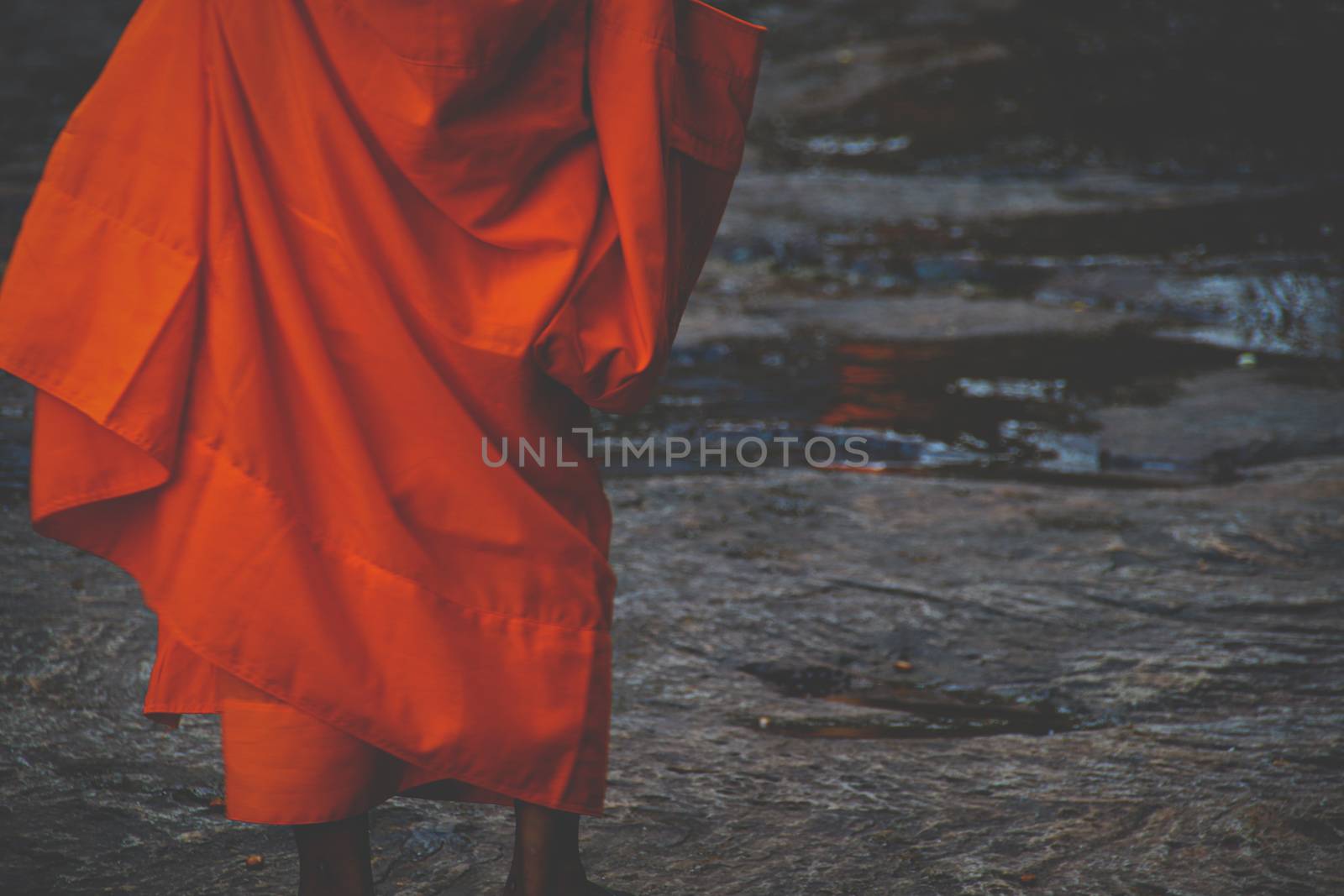 Buddhist monk wearing saffron robe by Sonnet15