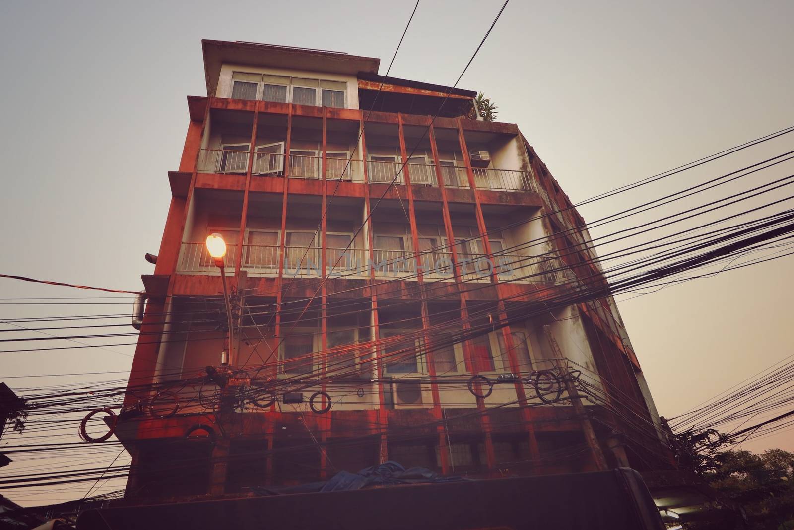 Rustic abandoned building in Yaowarat Street or Bangkok Chinatown, considered a heritage site by UNESCO which shows the culture and history of Chinese community in Thailand