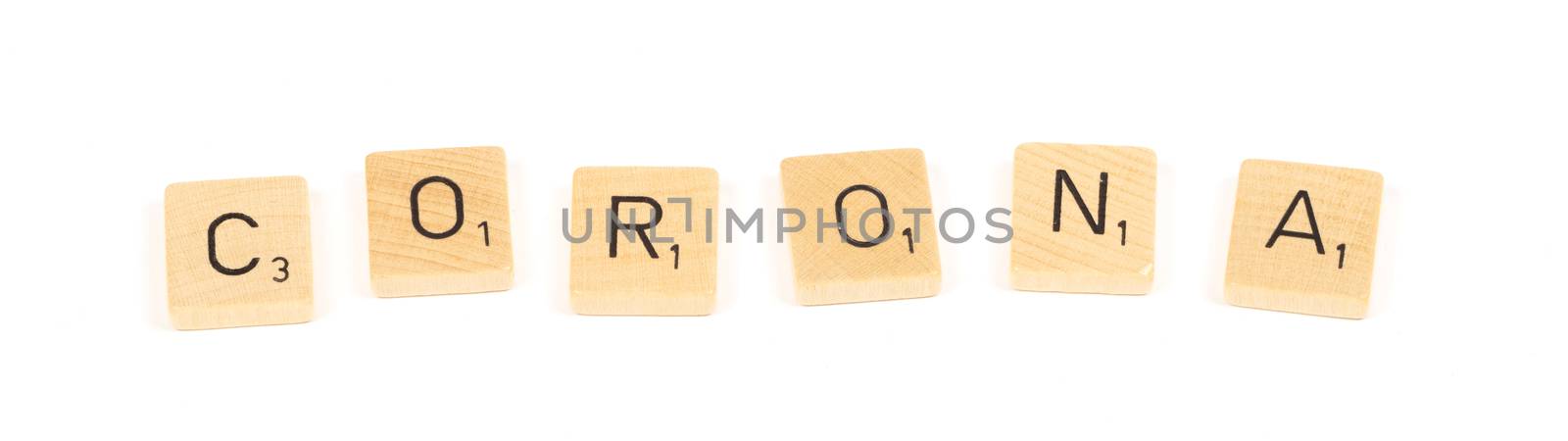 Corona scrable letters, isolated on a white background