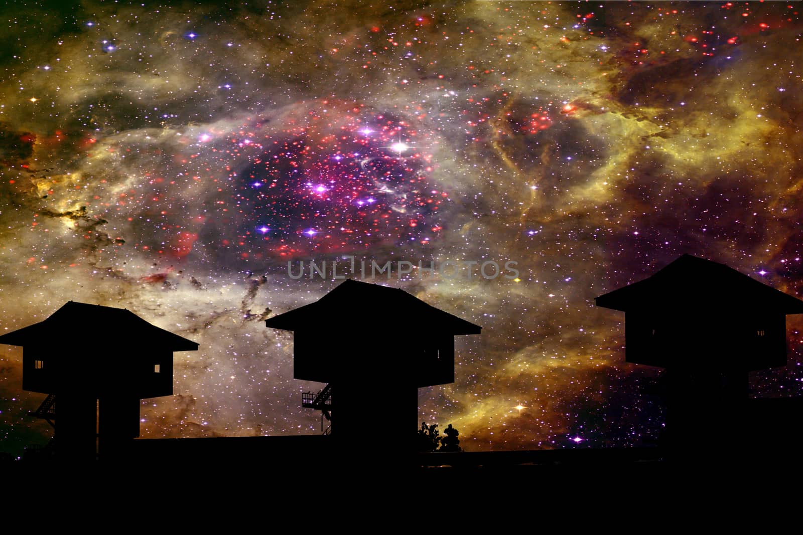 nebula and galaxy backand silhouette dam in the night sky, Elements of this image furnished by NASA