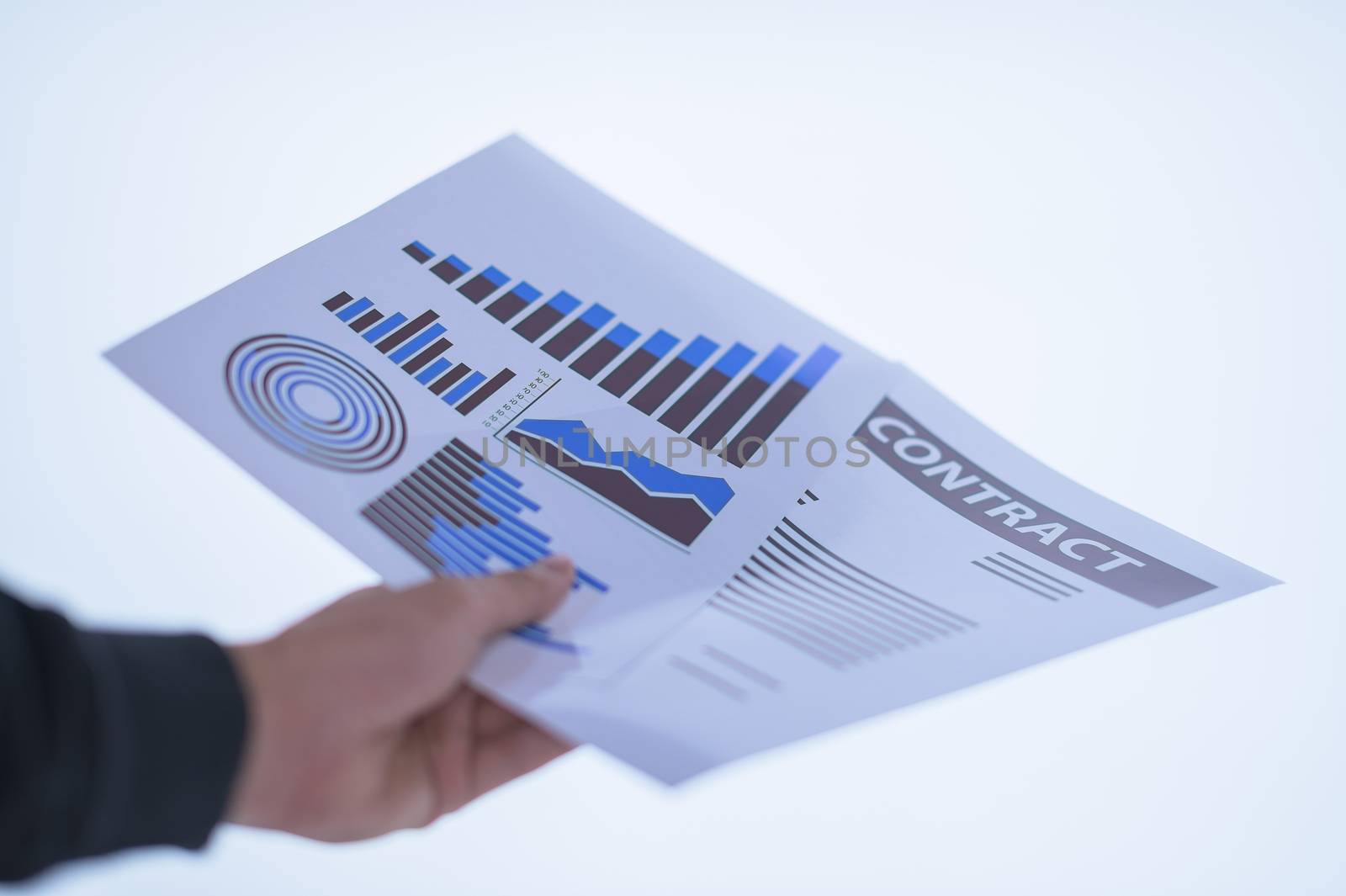 Businessman hand holding a document. Scenes white background. by Aukid