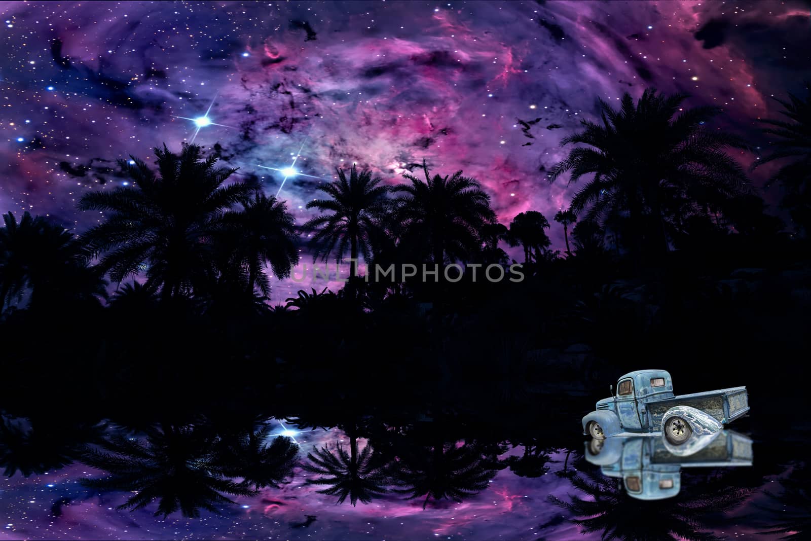 reflection of silhouette dry tree in the field and car and nebula on night sky, Elements of this image furnished by NASA