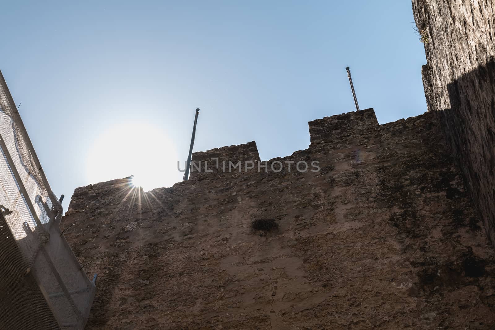 Obidos, Portugal - April 12, 2019: Architecture detail of the entrance gate of the historic city on a spring day