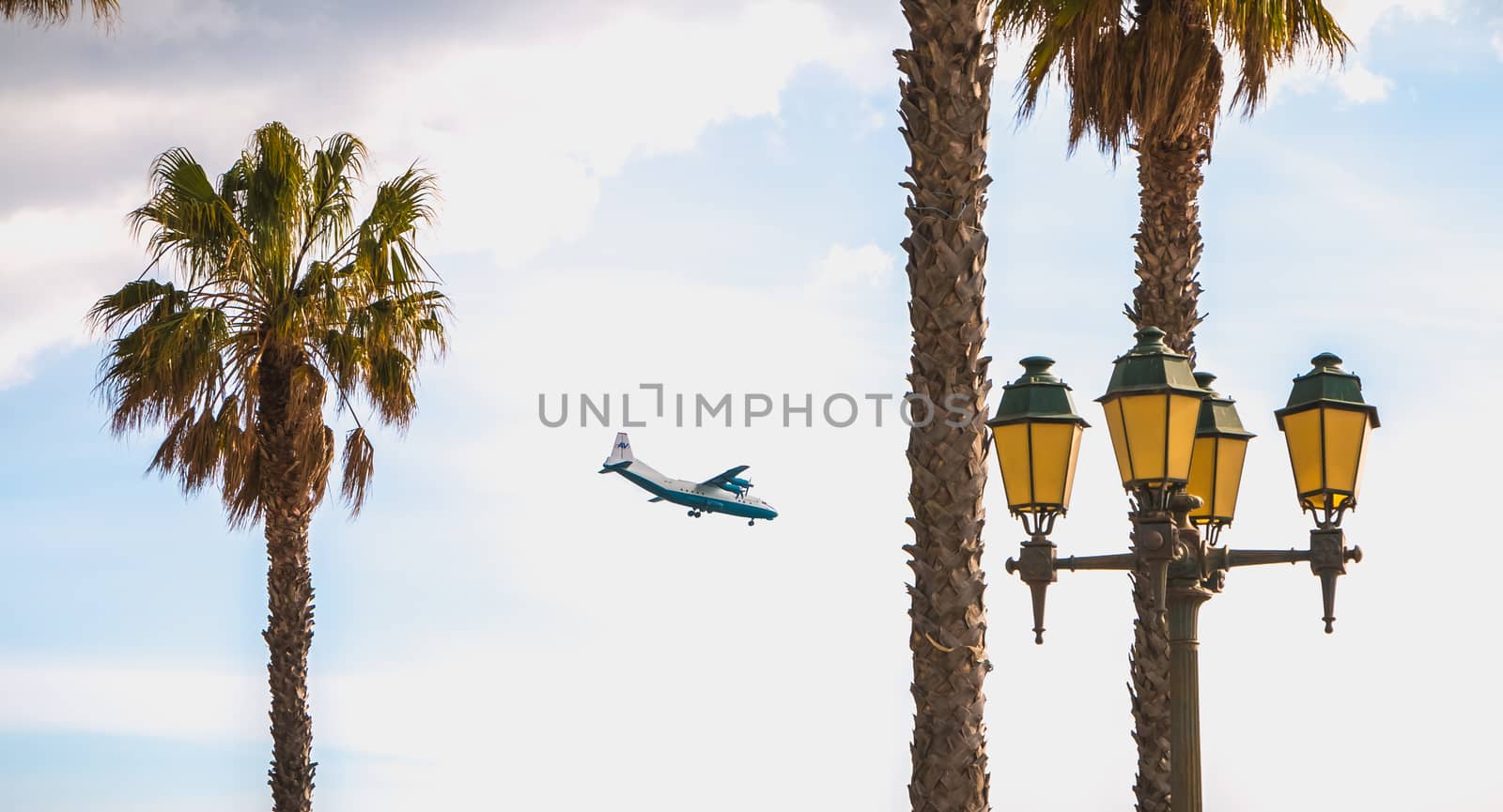 Faro, Portugal - May 1, 2018: Aerov Airlines Antonov An-12 A plane on approach to Faro International Airport on a spring day