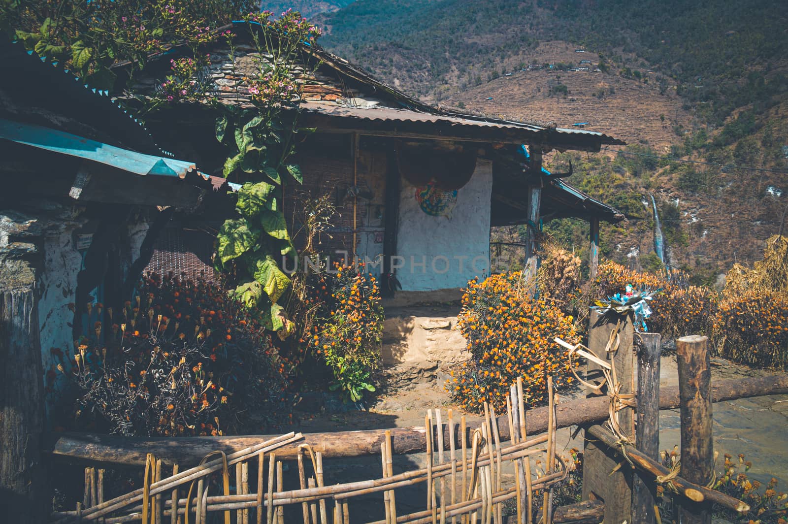 Traditional Nepalese mud house in the mountain village of Ghorepani in Pokhara, Nepal