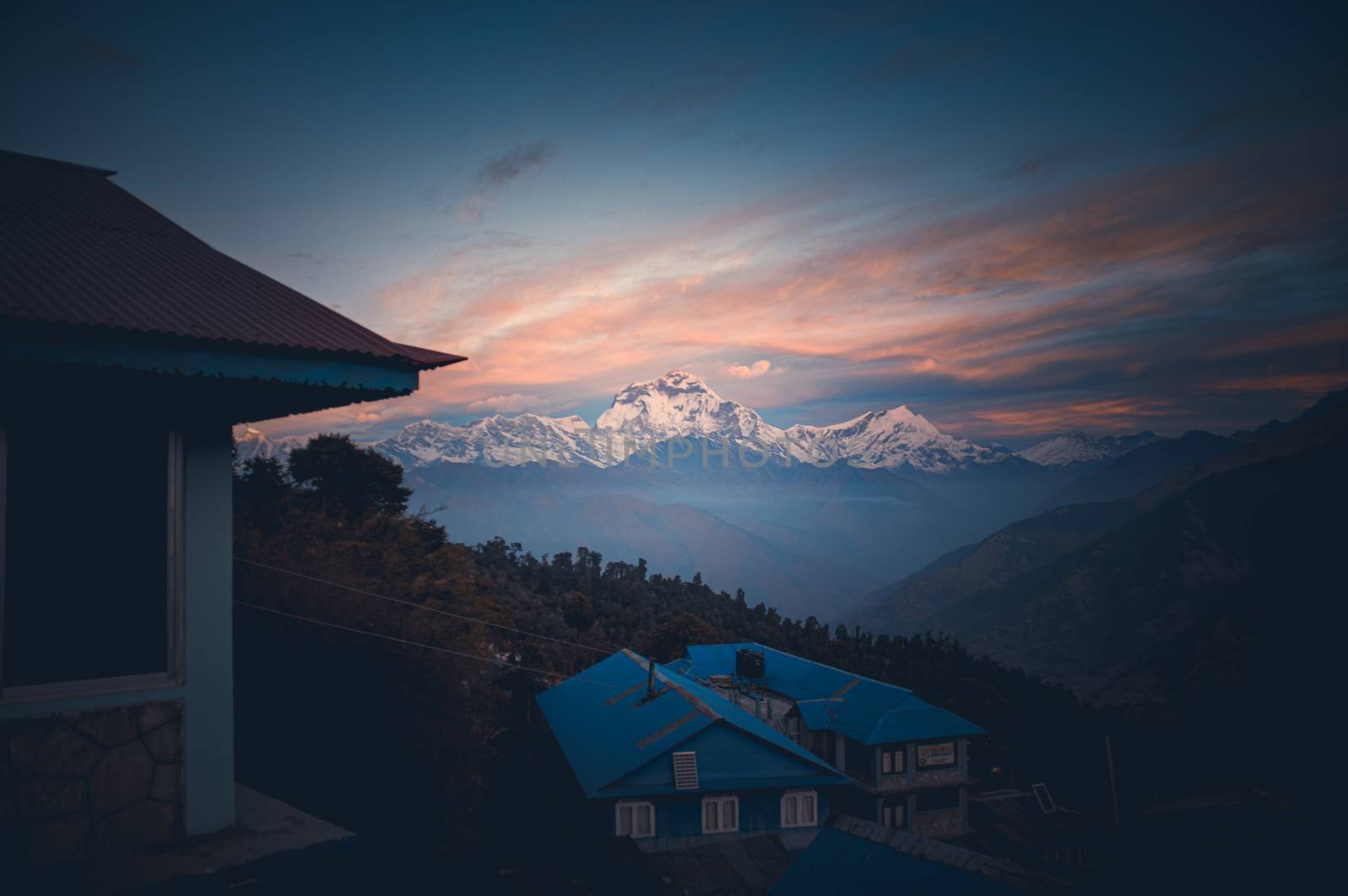 View of the Annapurna Mountain Range from Poon Hill Ghorepani, in Pokhara Nepal during the trek