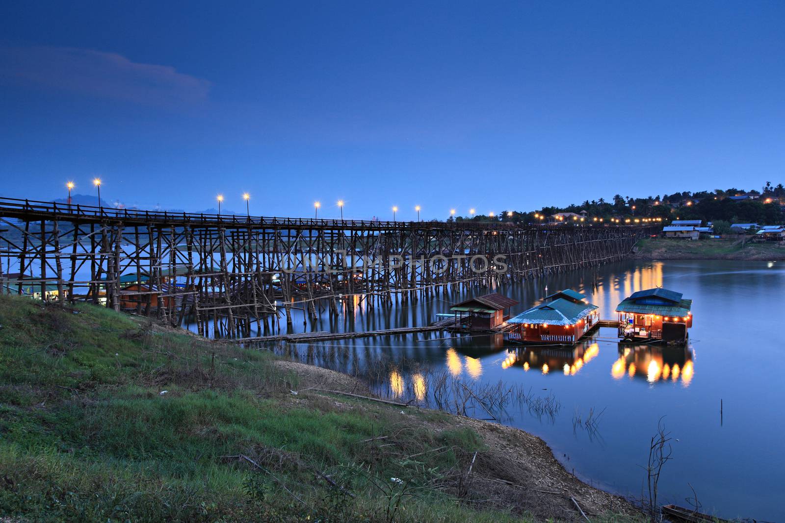 The longest wooden bridge and floating Town in Sangkla buri Kanchanaburi, Thailand