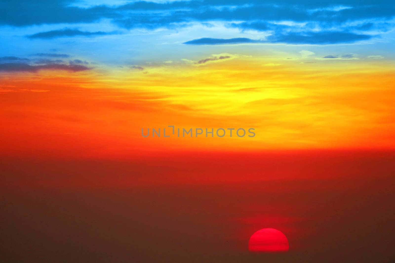 blue orange yellow red silhouette sky in sunset back on the cloud