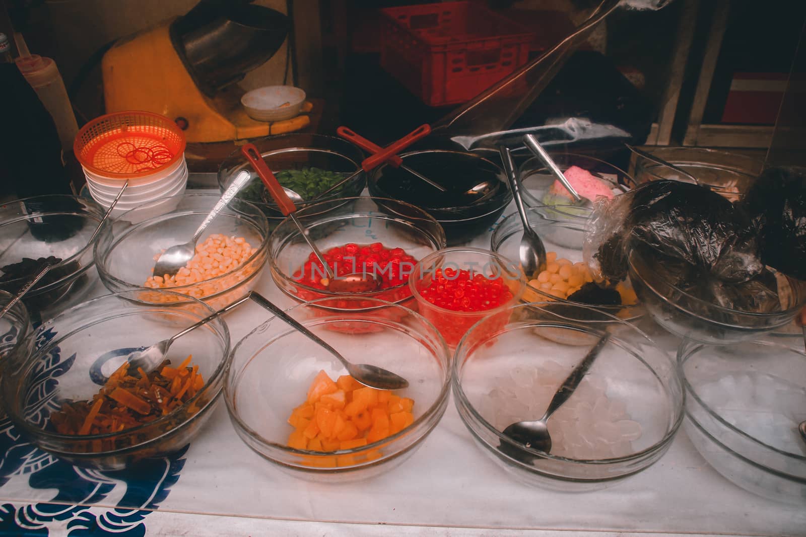 Pandan Jelly Dessert, Che Banh Lot or chendol, a popular sweet street food dessert in Thai and Vietnamese Cuisine