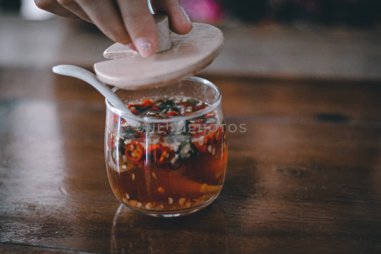 Prik Namsom or chilli garlic vinegar sauce that is a traditional condiment in thai cuisine