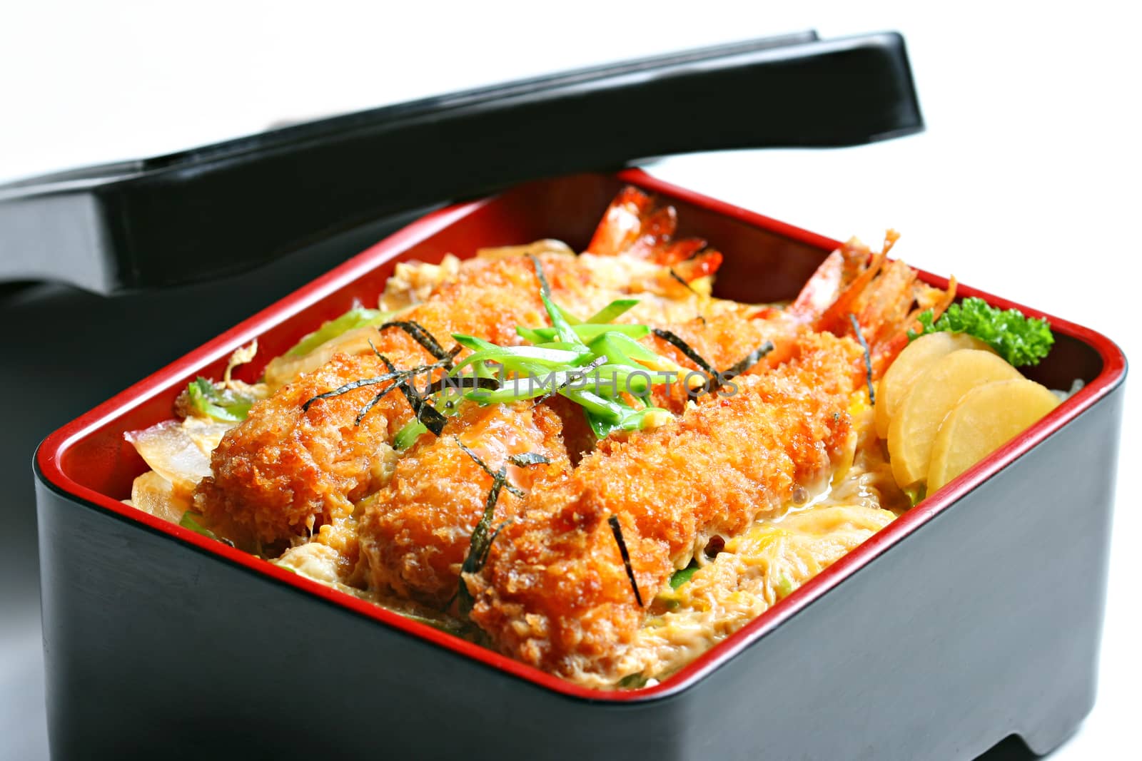 Ebi Tempura Toji Don. Prawns in tempura batter with egg, mushroom, & onion served in rice box by Mercedess