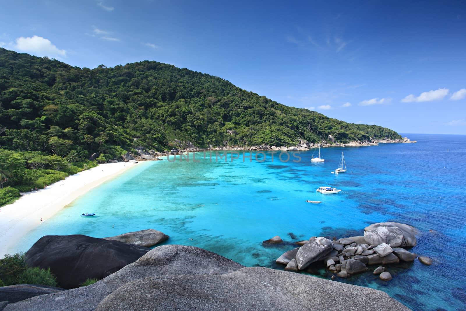 Panoramic view with blue sky and clouds on Similan island No.8 at Similan national park. Phuket, Thailand. View from the sailing rock viewpoint