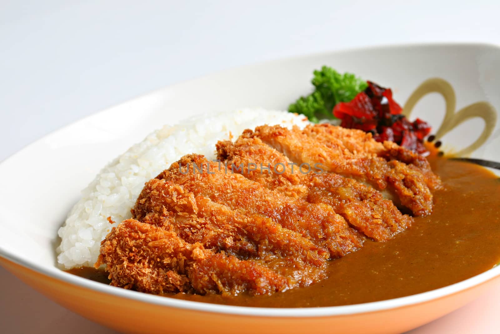 Tonkatsu, Japanese pork cutlet, Japanese deep-fried pork curry rice, Japanese curry, Katsu curry on white background by Mercedess