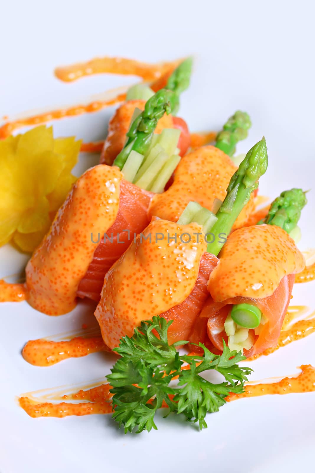 Premium salmon sushi with mentai sauce, popular japan food in white background