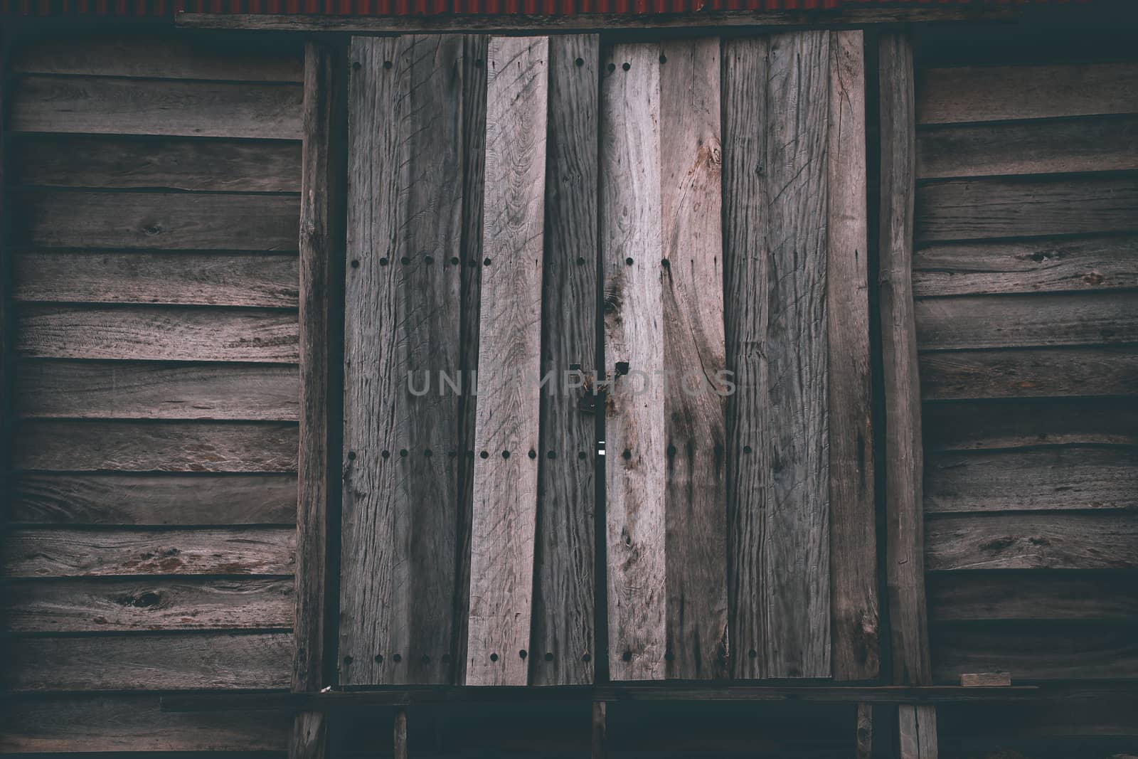 Texture of a weathered wooden panel door of a barn house