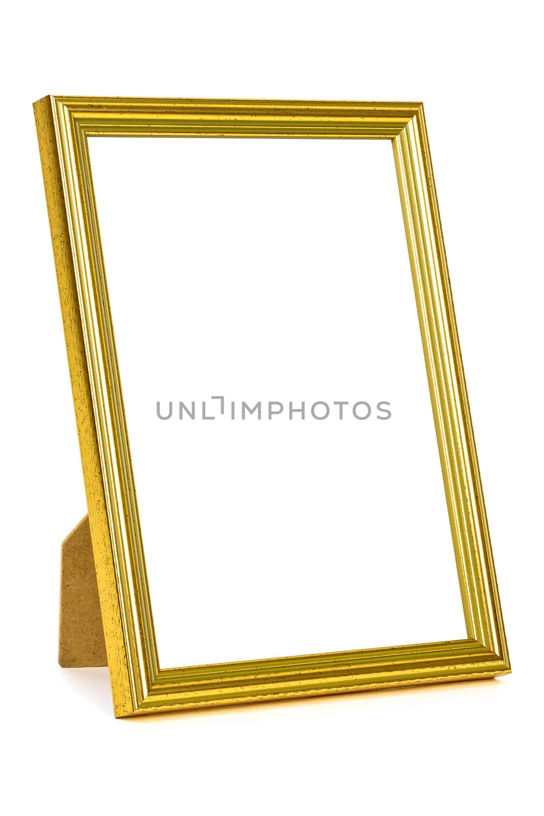 Standing golden picture frame isolated on white background with clipping path