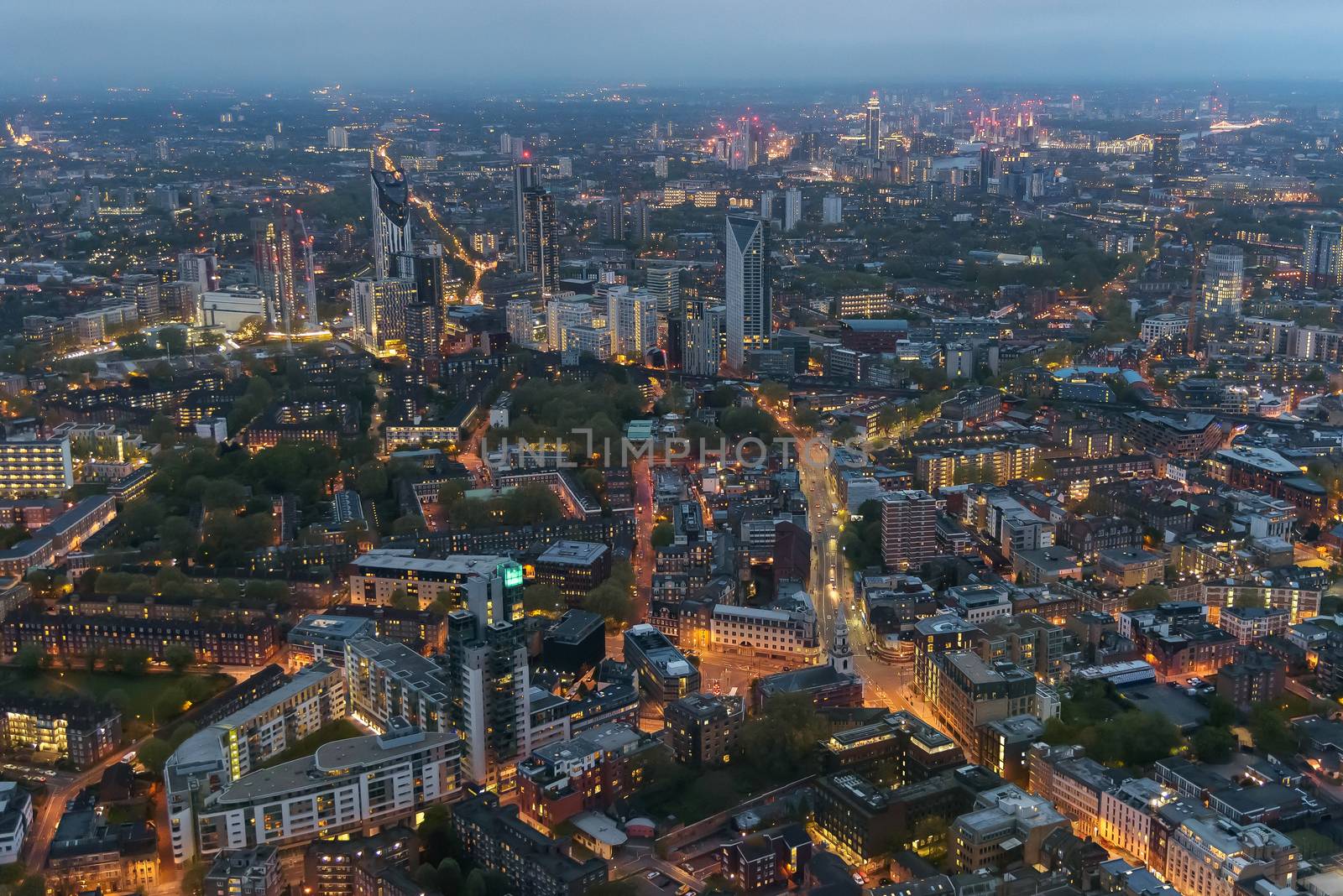 Aerial view of Southwark district in London on a cloudy day at dusk