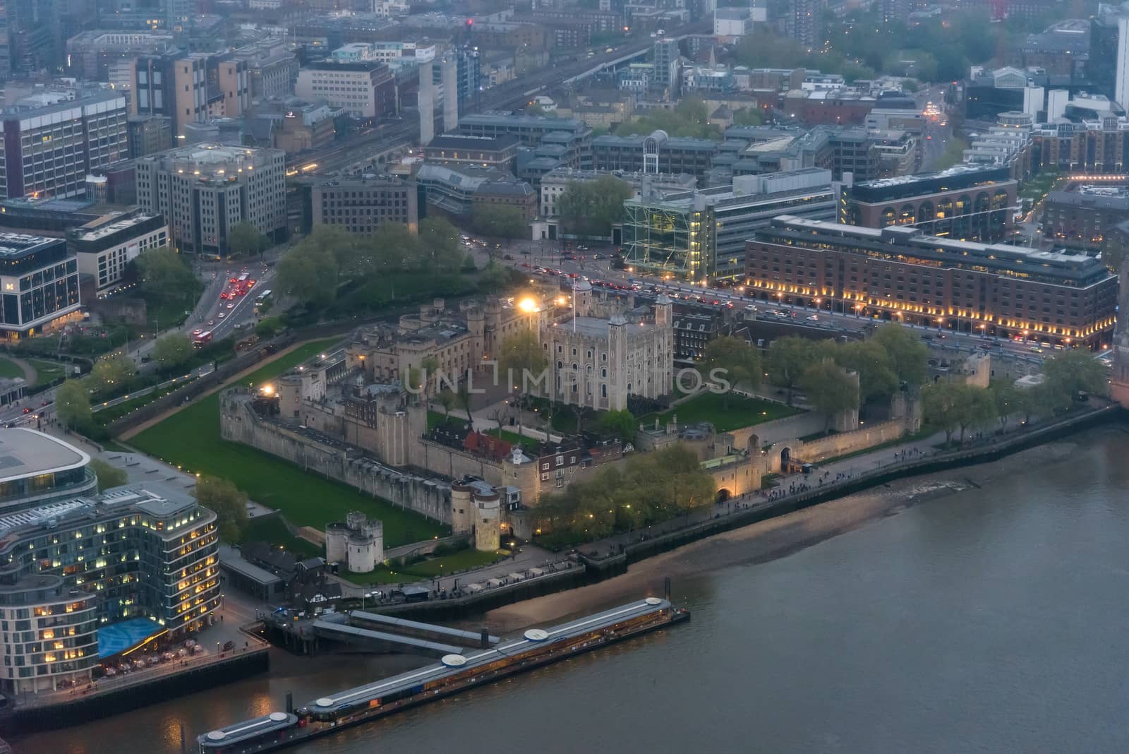 Aerial view of Tower of London at dusk
