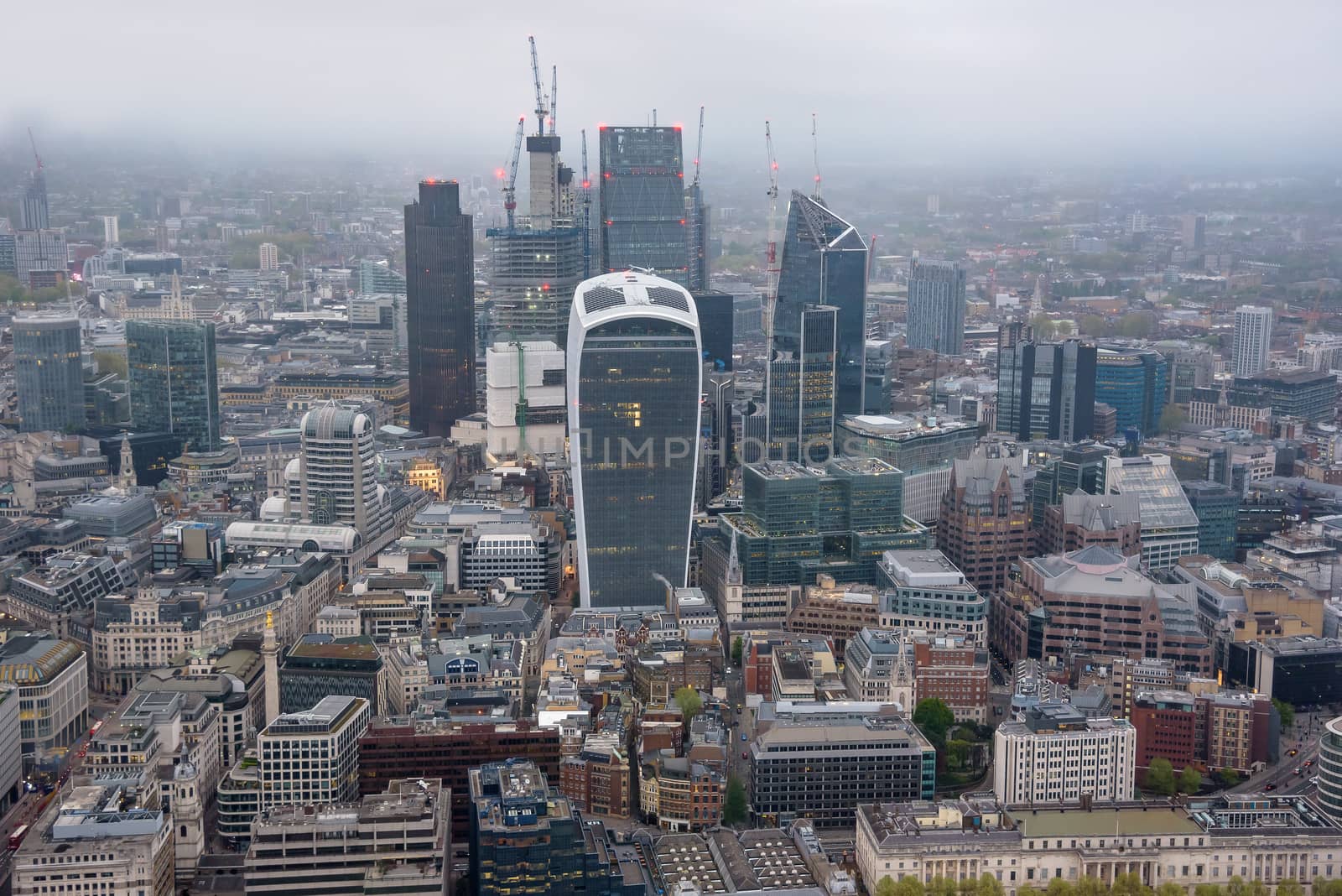 Aerial view of City of London at an overcast day