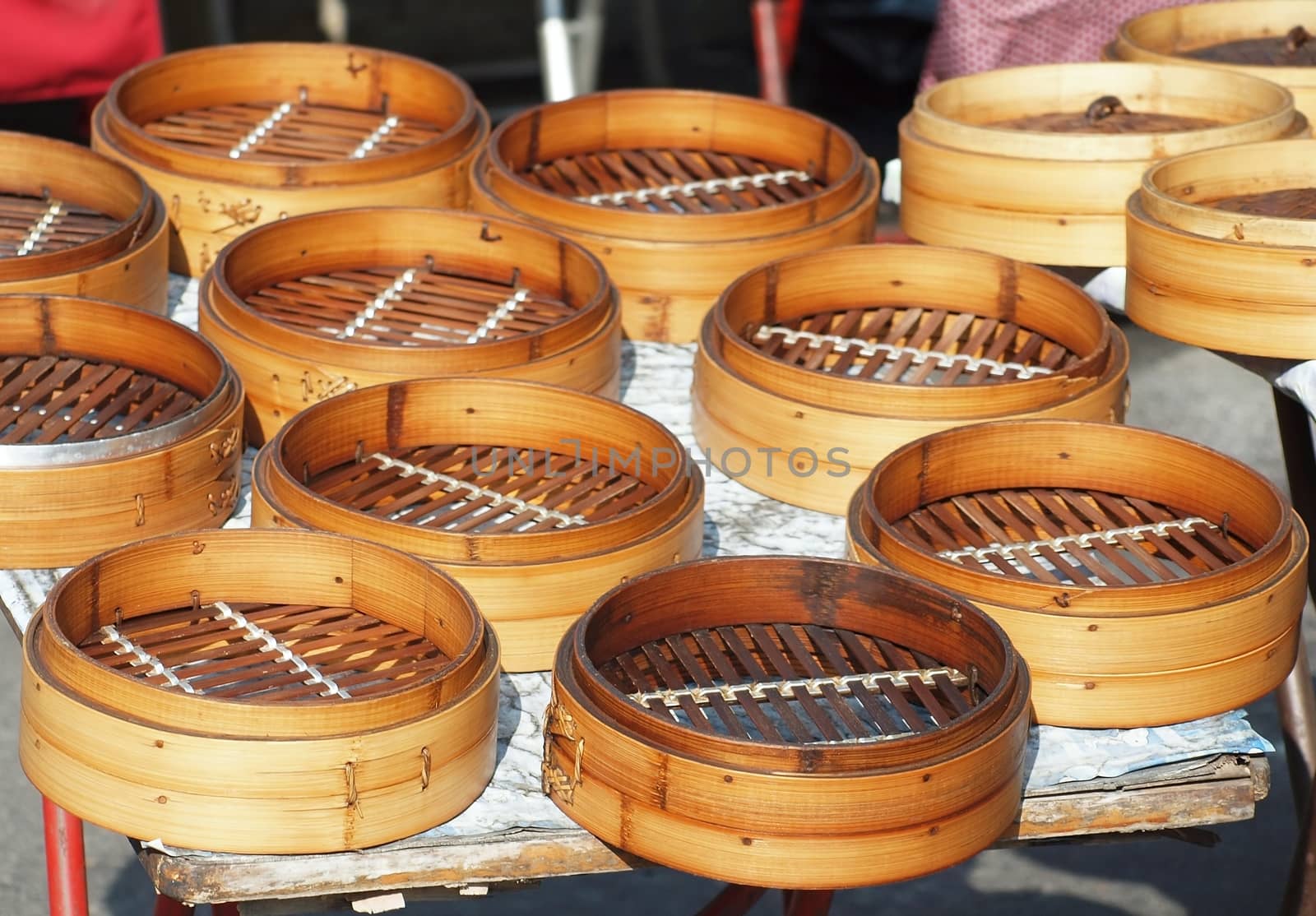 Traditional Chinese bamboo steamers used to make dumplings and steamed bread